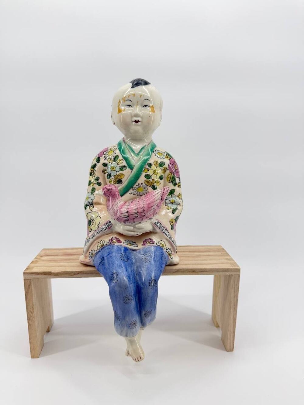 Vintage Asian Ceramic Figurine Girl Holding Bird Hand Painted Decor